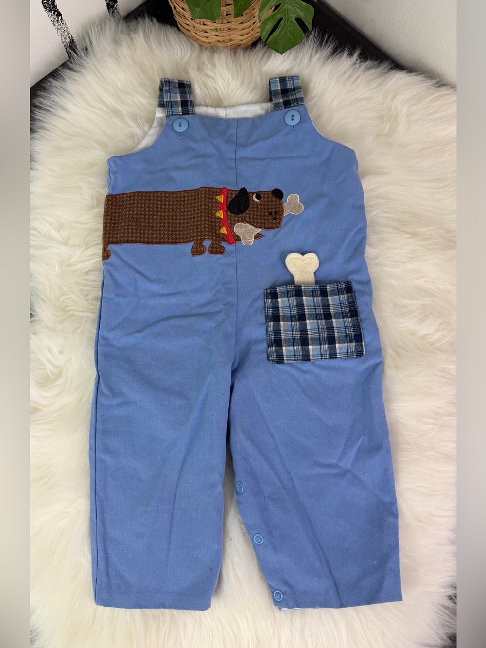 Vintage Mulberry St. Toddler Dog Bone in Pocket Appliqué Blue Longall Romper 12M